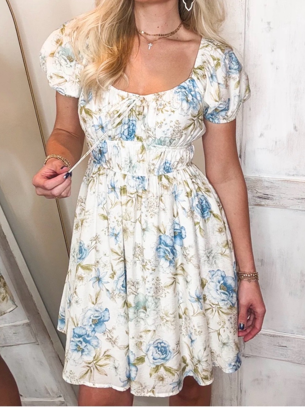 Blu Pepper Floral Puff-Sleeve Summer Dress in Blue & Cream